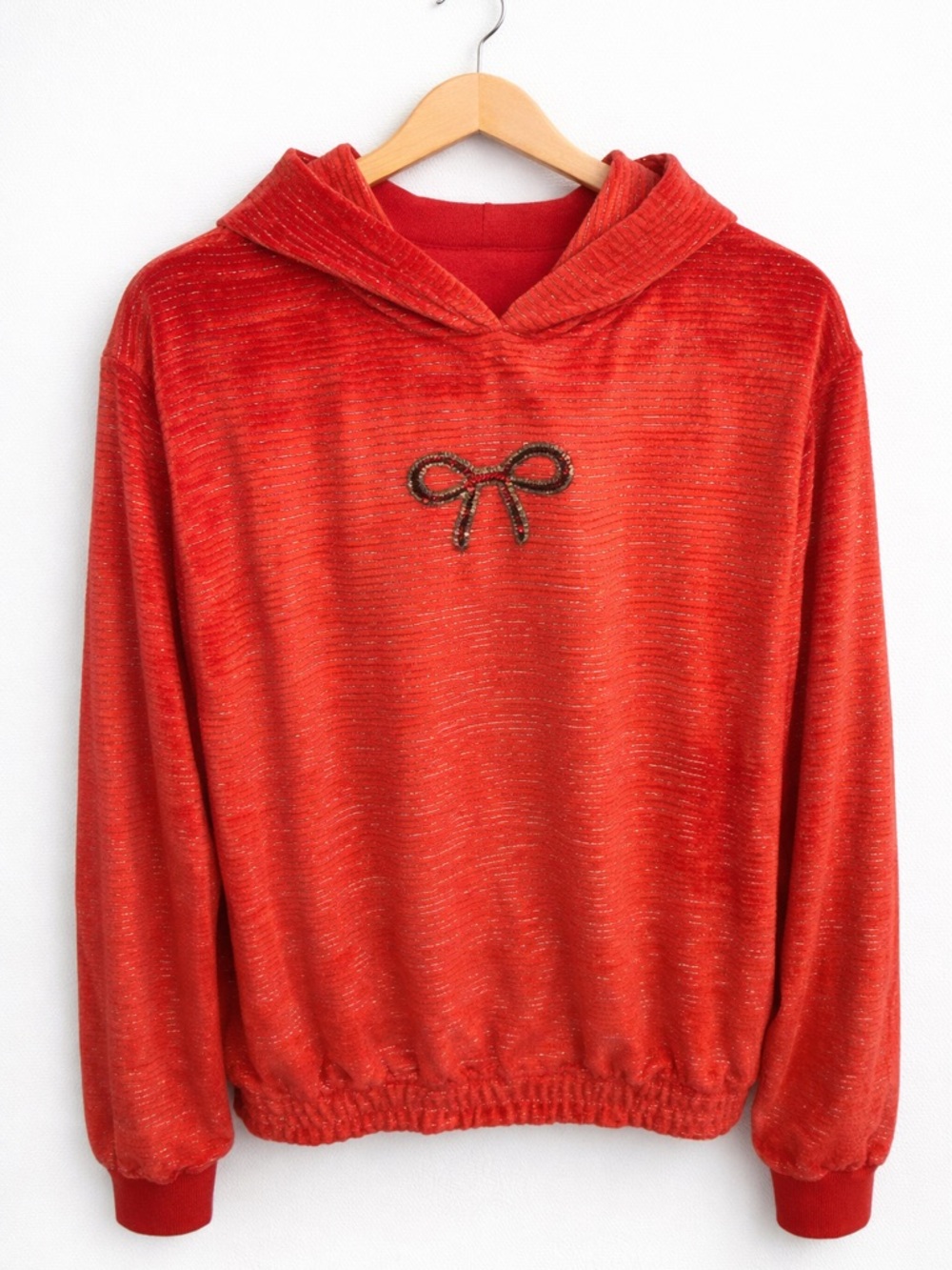 Lands' End Red Velvet Hooded Sweatshirt with Bow Detail - Picture 1 of 2